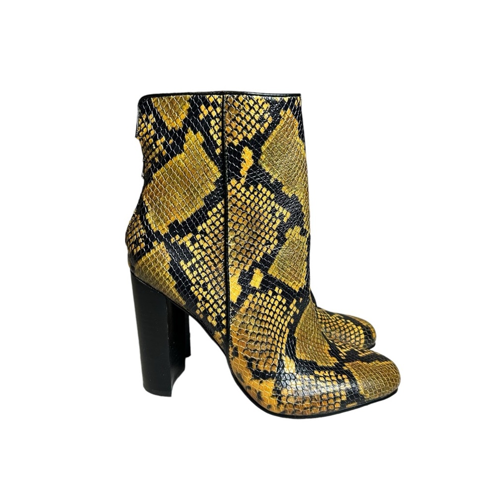 Aqua Soren Yellow Snake Print Block Boot Heels